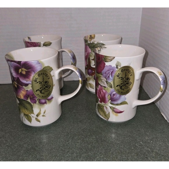 St George ENGLAND fine bone china floral coffee tea mugs cups 10 oz Set Of 4 - Picture 2 of 11